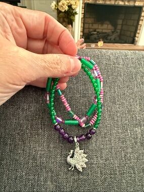 Ryze Party  Green & Purple Beaded Peacock Charm Bracelet